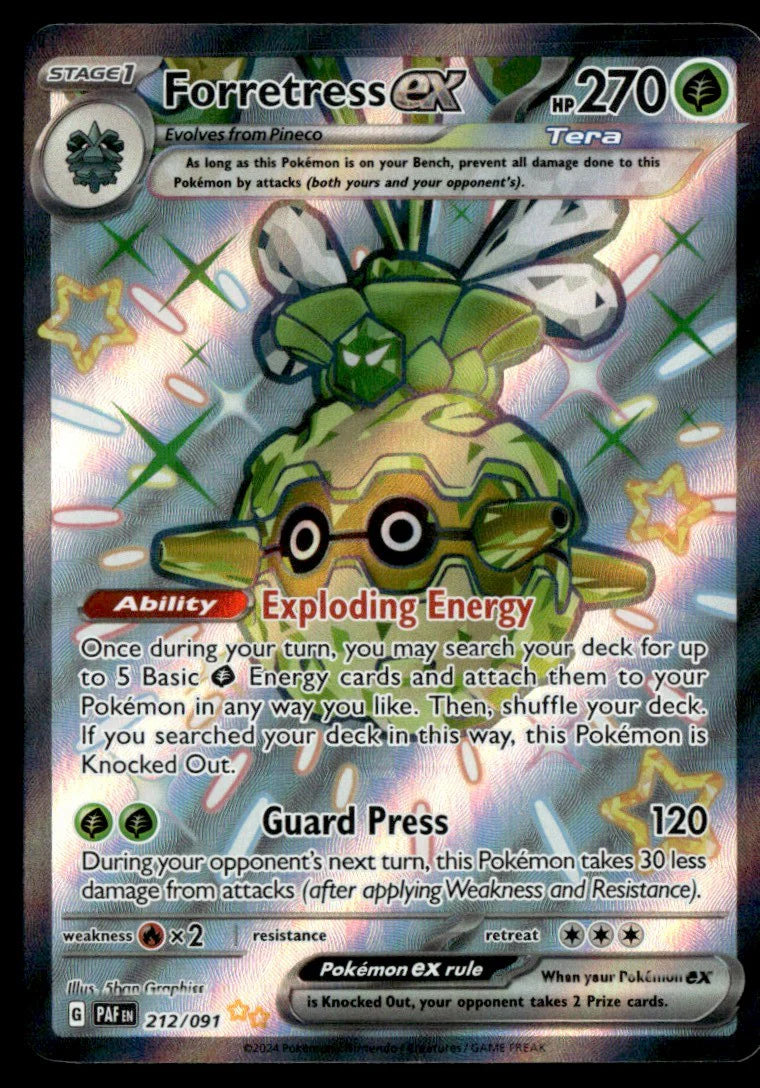 A Pokémon EX trading card featuring Forretress EX from the Tera expansion. The card has a holographic silver border, a green Forretress illustration with wings, and multicolored text boxes for Ability, Explosing Energy, and Guard Press.